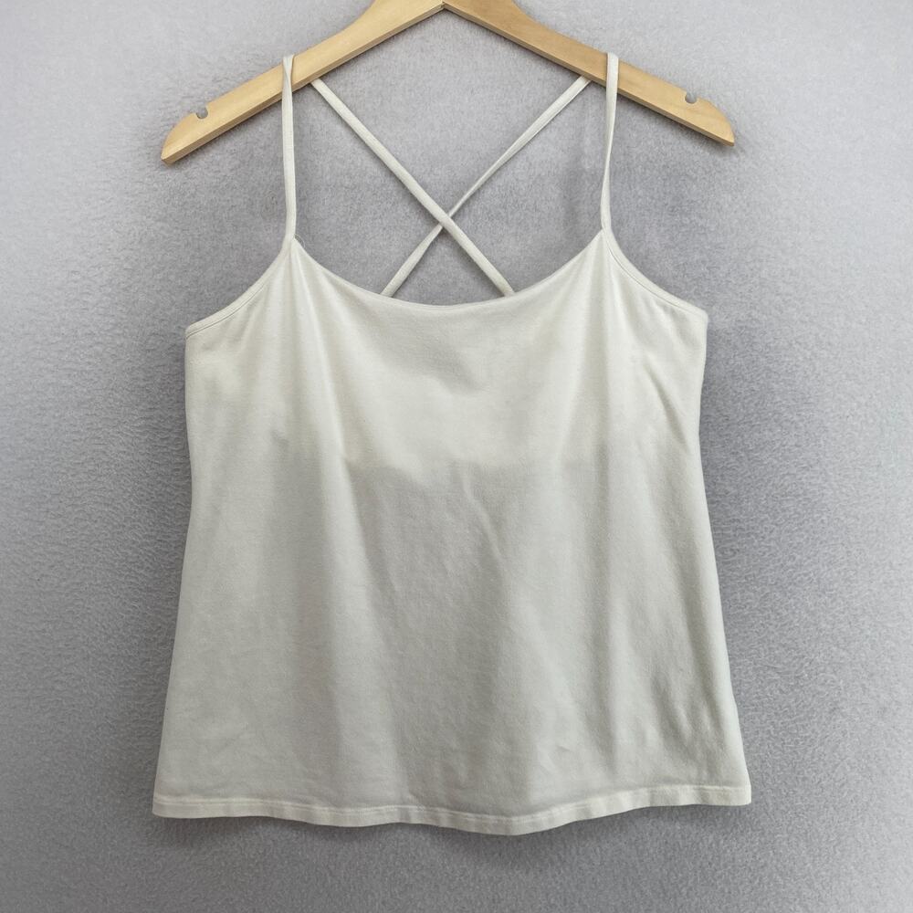 EILEEN FISHER Tank Top L Stretch Organic Cotton Cross Back Shelf Bra White USA